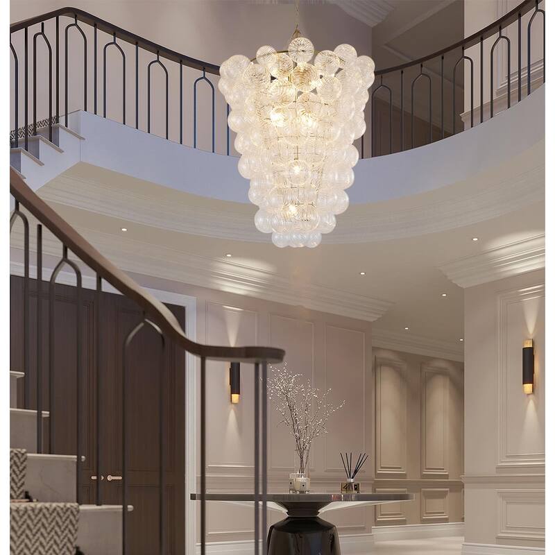 12-Light Brass Chandelier With Clear Swirl Glass Shades