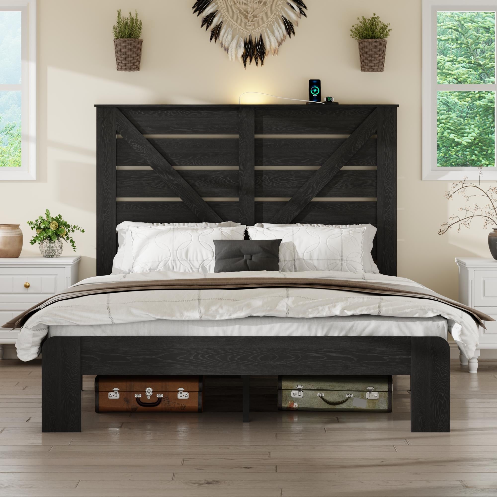 Wood Platform Bed Frame Full Size with Wood Headboard