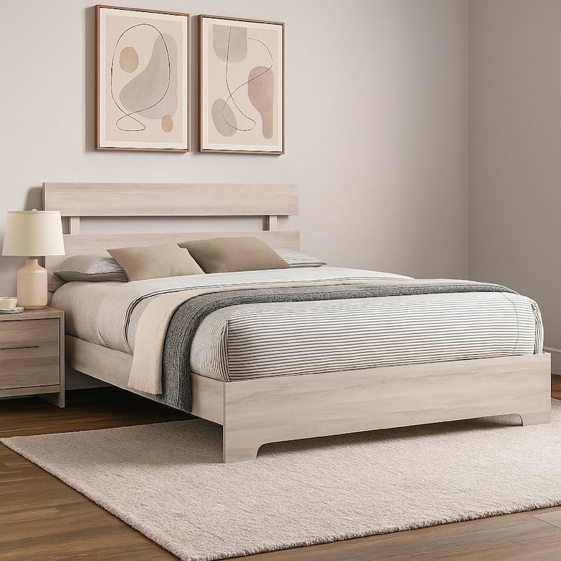 Cuzzy Full Platform Bed with Panel Headboard, Low Profile White Wood