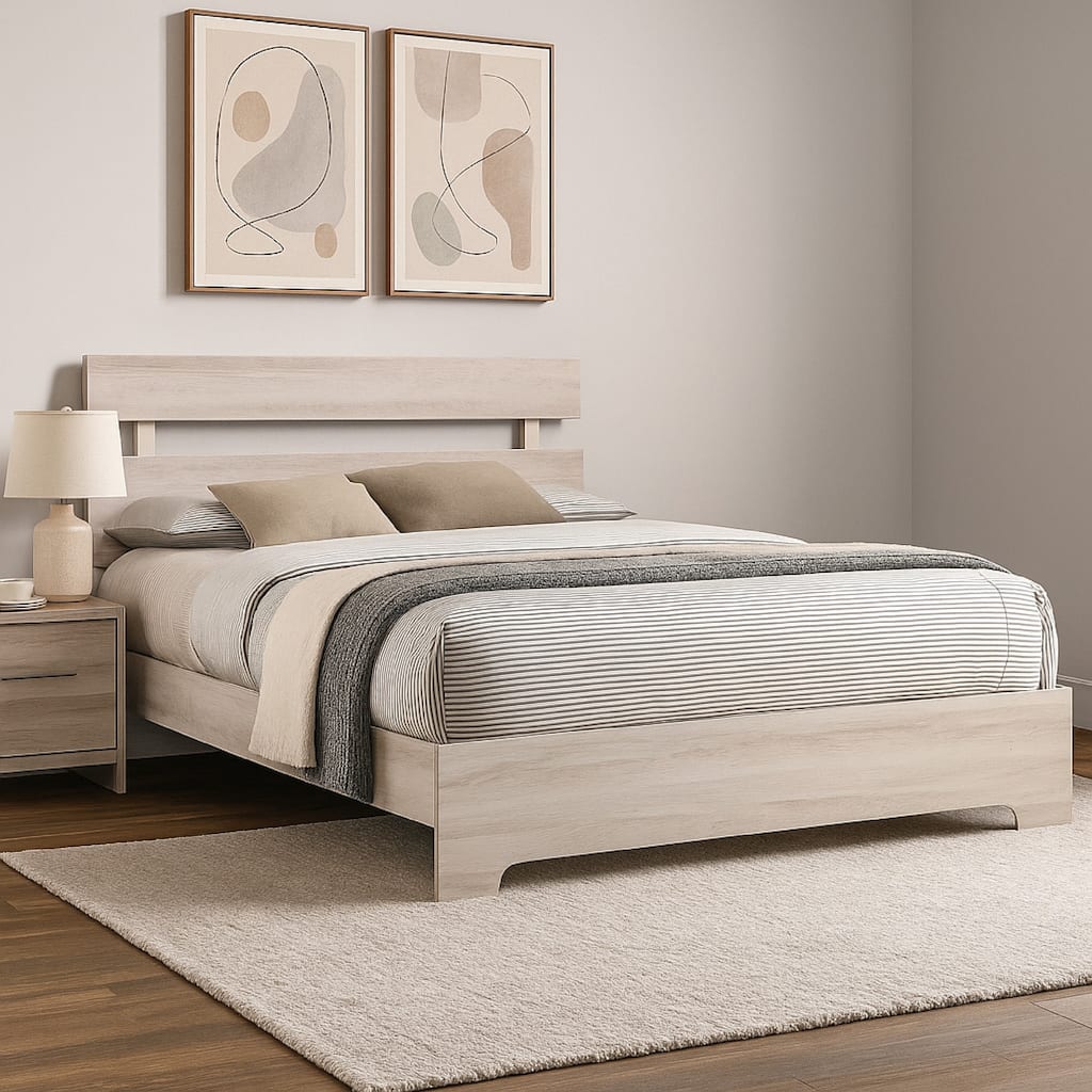 Cuzzy Full Platform Bed with Panel Headboard, Low Profile White Wood