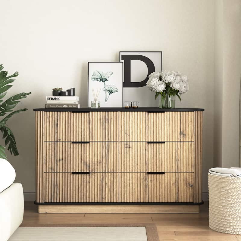 Six-Drawer Armoires, Storage Cabinet with Rounded Metal Corners, Accent Cabinet with Smooth-Glide Drawers - Natural Wood