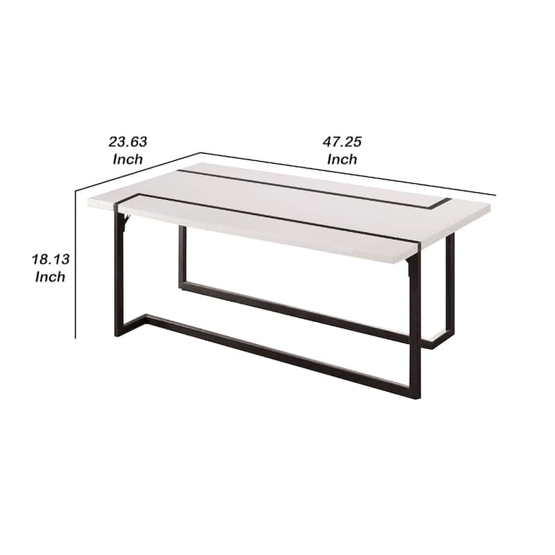 Iry Coffee Table, Black Steel Sled Base, 47 Inch, Gloss White Lacquer Top