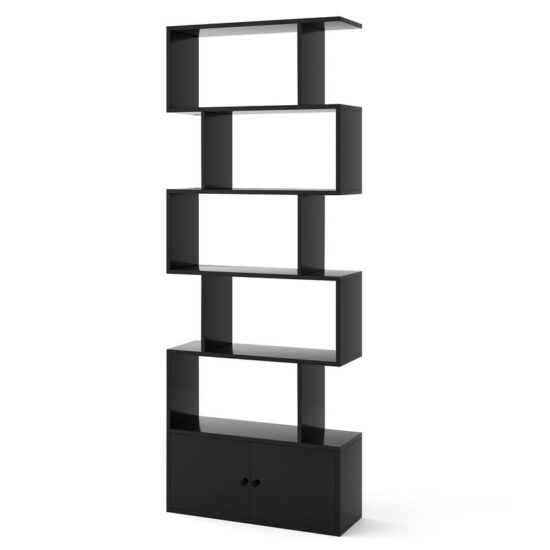 6-Tier Freestanding Modern S-Shaped Bookshelf with Storage Cabinet for Living Room and Office Use - 27.5" x 9" x 72" (L x W x H) - Black