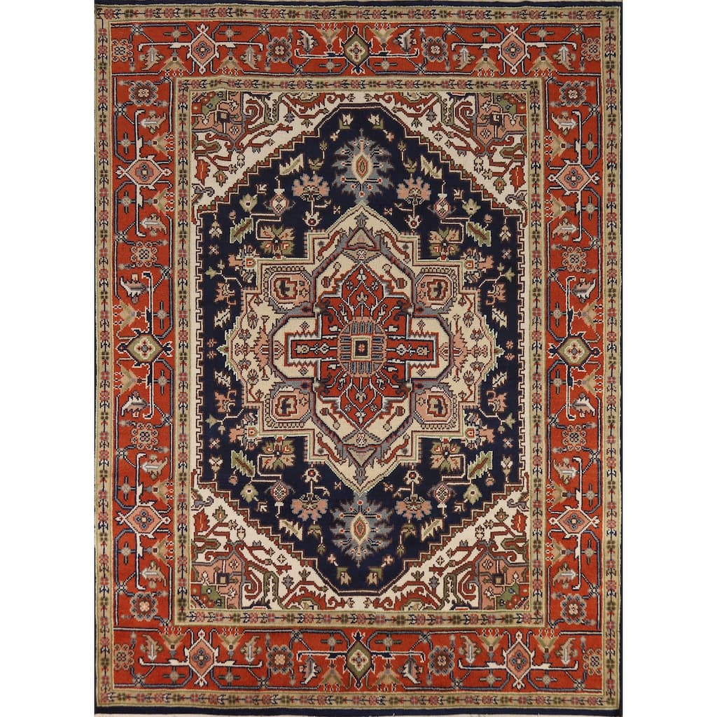 Hand Knotted Oriental 100% Wool Carpet Traditional Medallion Navy Blue & Blues Heriz (serapi) Area Rug - 10' 0'' X 7' 11''