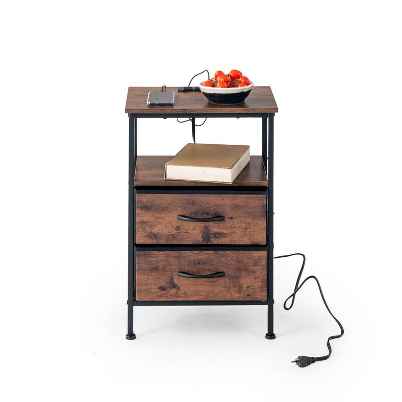 Homy Casa Industrial Nightstands Drawers, USB, Power Outlet Vintage