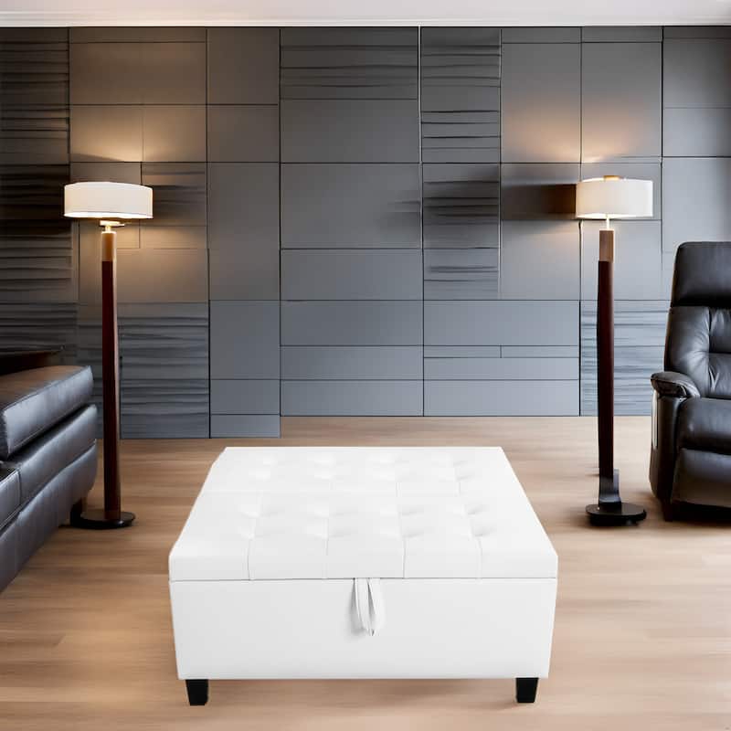 35-Inch Air Leather Tufted Upholstered Lift-Top Ottoman Bench, Large Square Storage Coffee Table for Living Room