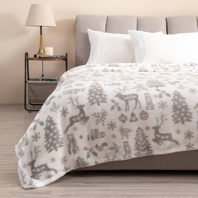 Luxurious Velvet Plush Fleece Holiday Printed Bed Blanket - Twin - Winter Animals - Grey