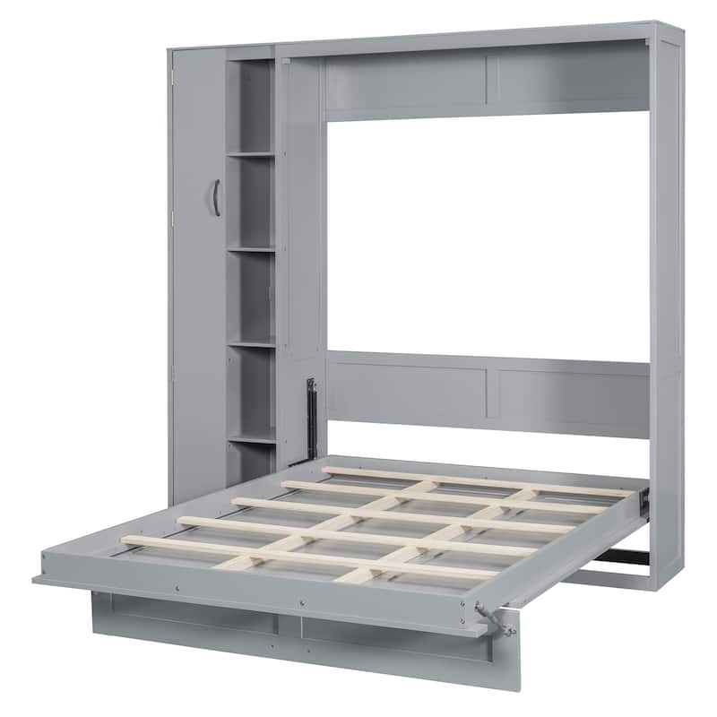 Multi-Function Murphy Wall Bed with 8-10" Mattress, Plywood Frame, Shelves, and Practical Storage - Grey - Full