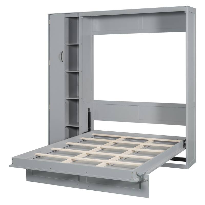 Space-Saving Full Size Wall Bed with Shelves, Wardrobe, and LED Lights in Gray