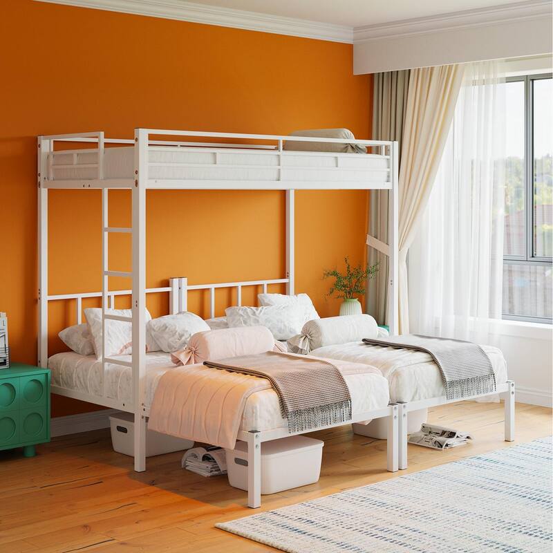 Convertible Triple Twin Metal Bunk Bed with Safety Guardrails and Ladder, Space-Saving Design for Dorm or Guest Room, White