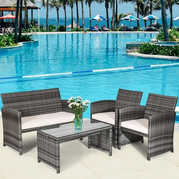 slide 2 of 10, Costway 4PCS Patio Rattan Furniture Set Conversation Glass Table Top Grey