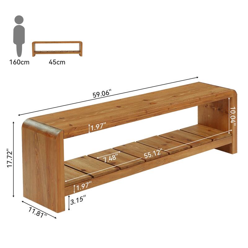 Solid Wood Entryway Bench, 59 Inch Long Shoe Bench with Open Shelf