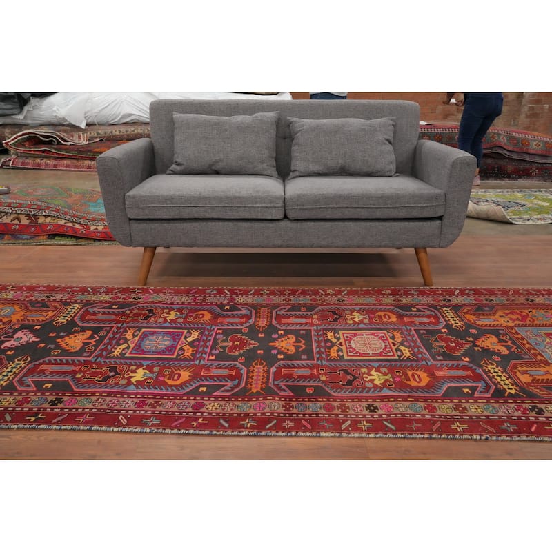 Hand Knotted Oriental 100% Wool Carpet Traditional Tribal Greys & Charcoal Ardebil Runner Rug - 11' 2'' X 3' 8''