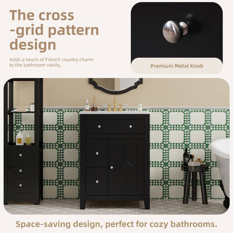 24" Modern Bathroom Vanity - Ceramic Basin, 2 Drawers & Soft-Closing Door, Compact Design