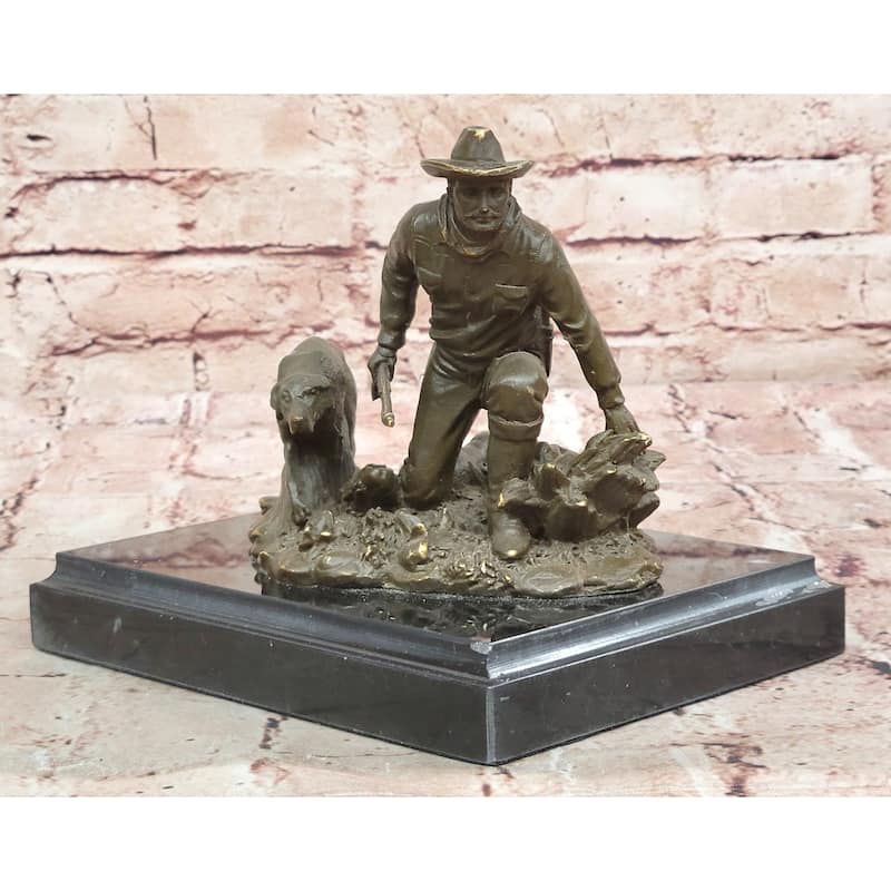 Hunter With Imitative Dog Bronze Sculpture - Wildlife Hunting Scene Art By Milo