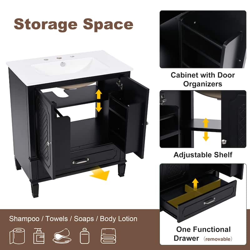 30 Inch Freestanding Bathroom Vanity with Ceramic Sink, Vintage Design, Drawer Storage, Soft Close Doors