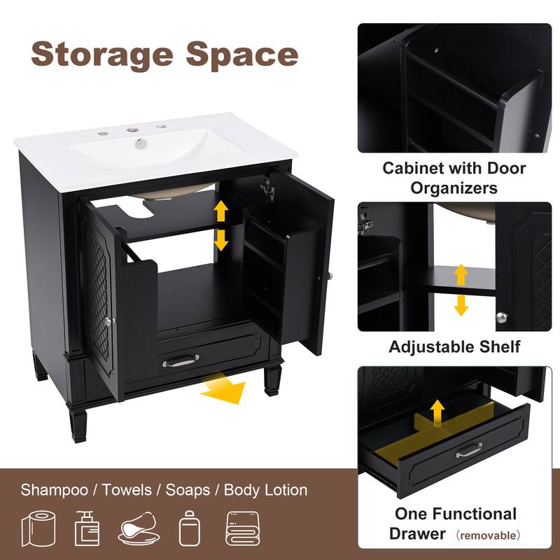 Roomfitters 30" Vintage Style Bathroom Vanity with Ceramic Sink, Customizable Storage Drawer and Soft-Close Door