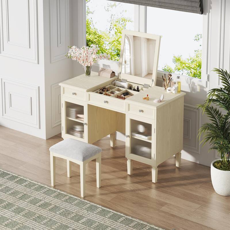2-in-1 3-Drawer Makeup Vanity Desk with Flip-Top Mirror and Cabinet