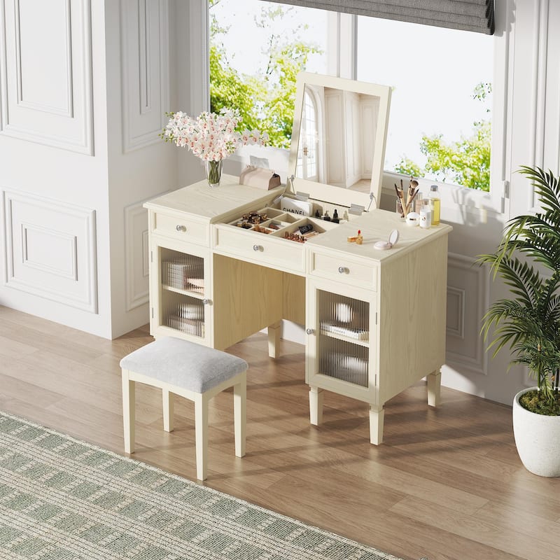 2-in-1 Vanity Desk with Flip-Top Mirror, Dressing Table Set with Drawer & Cabinet, Multi-Functional Computer Writing Desk - White Oak