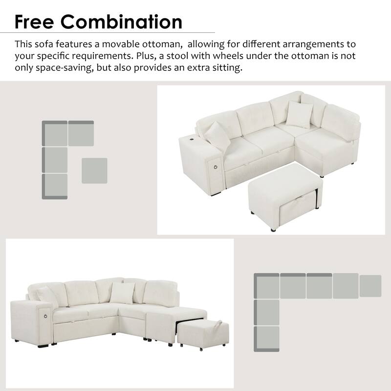 Beige 86.6" L-Shaped 4-Seat Sectional Sofa with Pull-Out Bed, Movable Ottoman, USB Ports, and Cup Holder Drop-Down Table