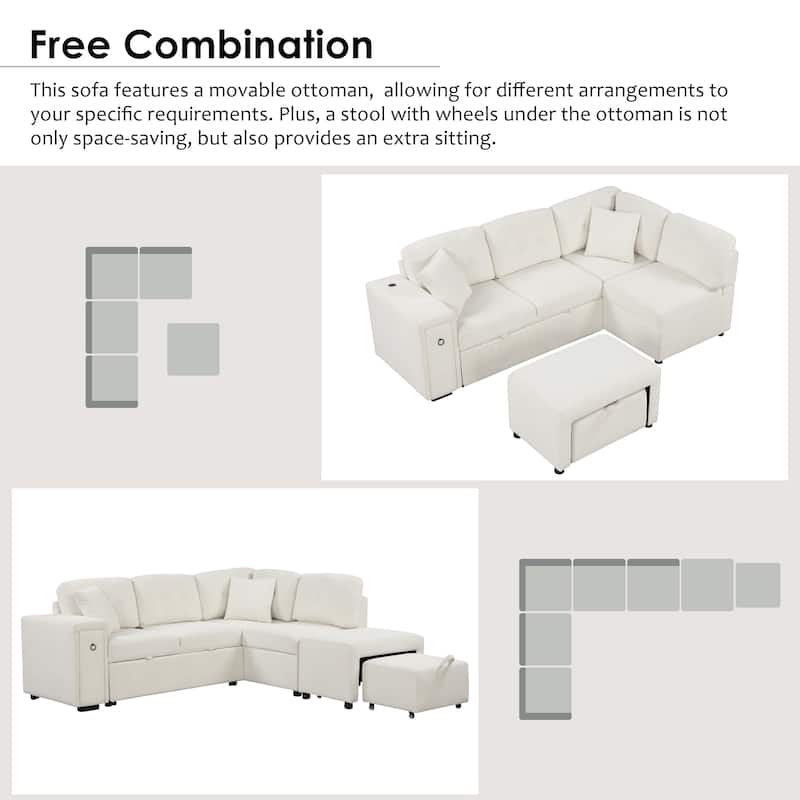 Convertible Sectional Sofa Bed with Ottoman, Chenille L-Shaped Pull Out Couch with Drawer 2 USB Ports & 2 Cup Holders