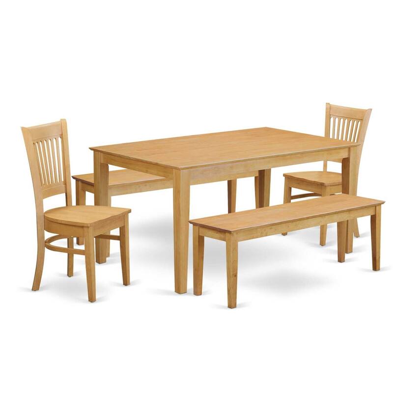 HomeStock 5-Piece Rectangle Natural Oak Finish Solid Wood Top Dining Table with 2 Benches, 2 Chairs with Lattice Back