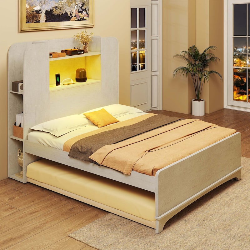 Bed with Trundle, Twin Size Bed Frame with Bookcase Daybed Storage Headboard and Charging Station & RGB LED Lights Bed