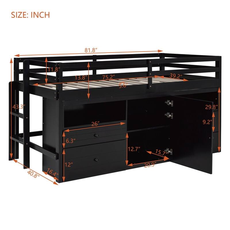 Twin Size Loft Bed with 4 Drawers, Underneath Cabinet and Shelves