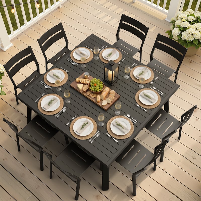 9-Piece Outdoor Patio Dining Set All-Weather Aluminum Square Table with Umbrella Hole and Stackable Chairs - Black with Armless Chairs