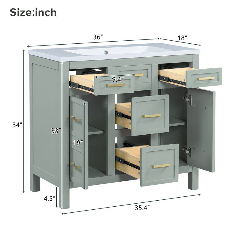 36" Bathroom Vanity Cabinet with Center Rectangular Resin Sink, 4 Drawers Bathroom Storage Cabinet w/ Adjustable Shelves, Green
