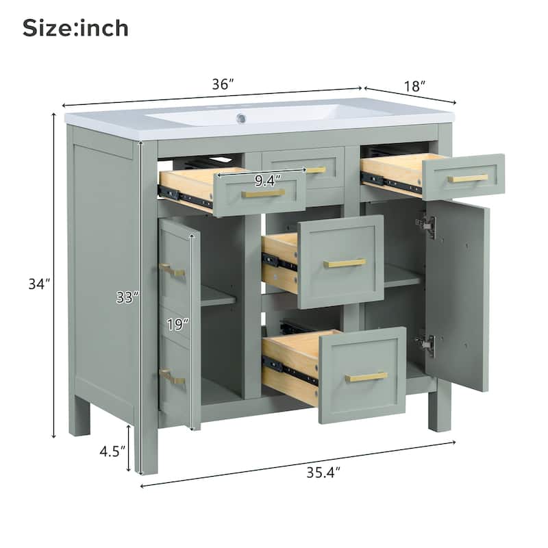 36 inch Freestanding Bathroom Vanity Set in White with Integrated Resin Sink