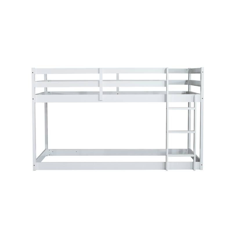 Wooden Twin over Twin Floor Bunk Bed with Ladder, with Bed Platform of Strengthened Slats