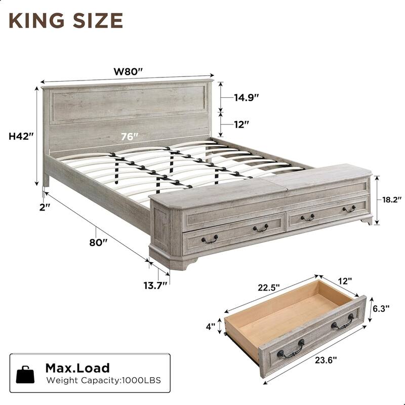 Farmhouse Bed Frame w/ Headboard & Storage Bench, Wood Platform Bed