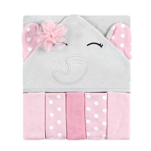 slide 1 of 1, Hudson Baby Infant Girl Hooded Towel and Five Washcloths, White Dots Pretty Elephants, One Size White Dots Pretty Elephant