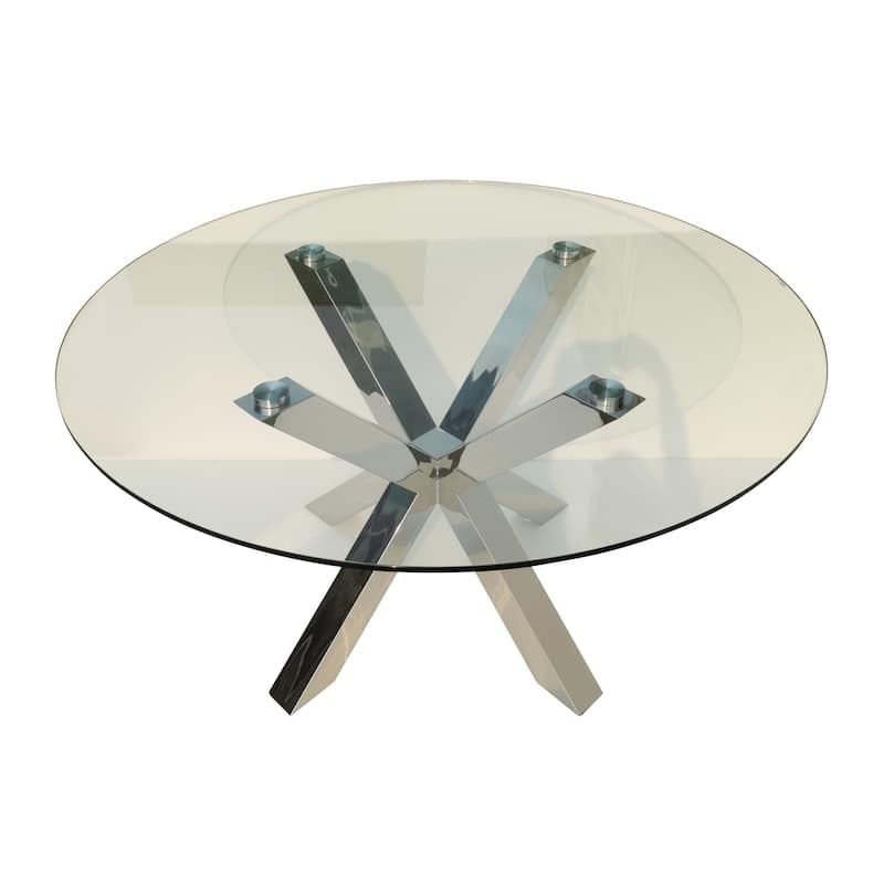 HomeRoots 54" Clear and Silver Glass and Metal Cross Leg Base Round Top Dining Table - 54.00 in. x 30.00 in. x 54.00 in.