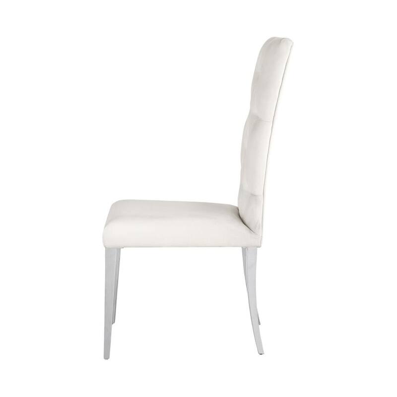 Set of 2 Velvet Upholstered Dining Chairs, White and Chrome
