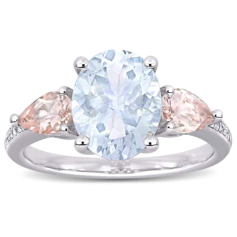 Multi-Cut Ice Aquamarine Morganite and Diamond 3-Stone Ring in Sterling Silver by Miadora