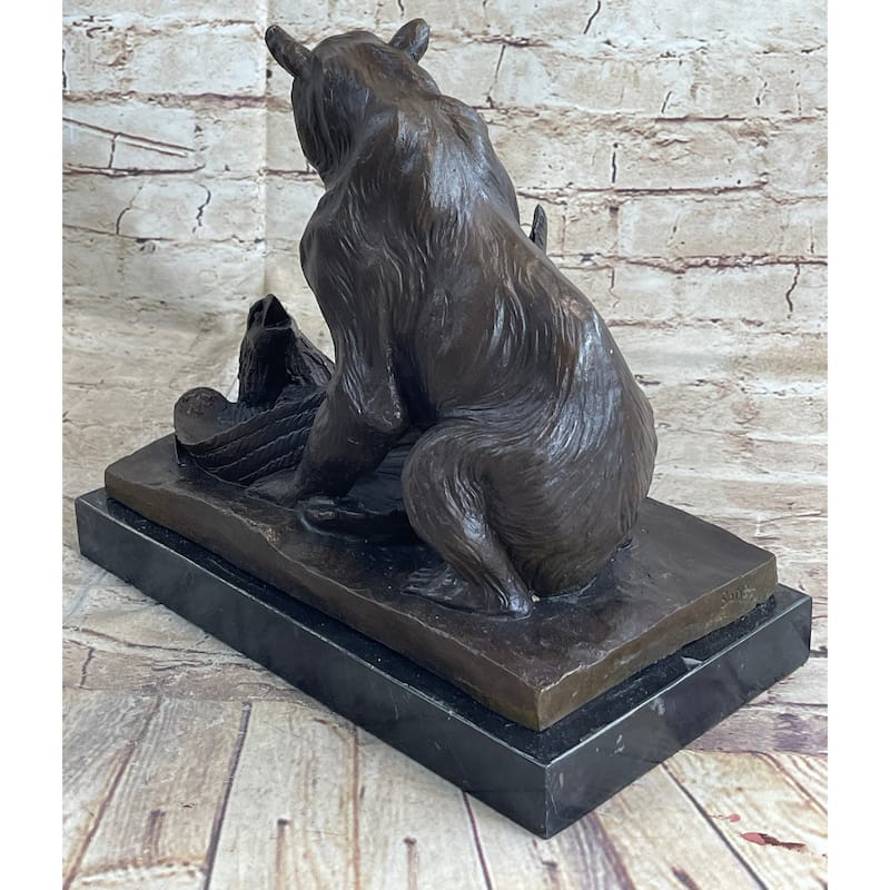 Signed Barye Bear Attacking Eagle Bronze Sculpture Marble Base Figurine Statue