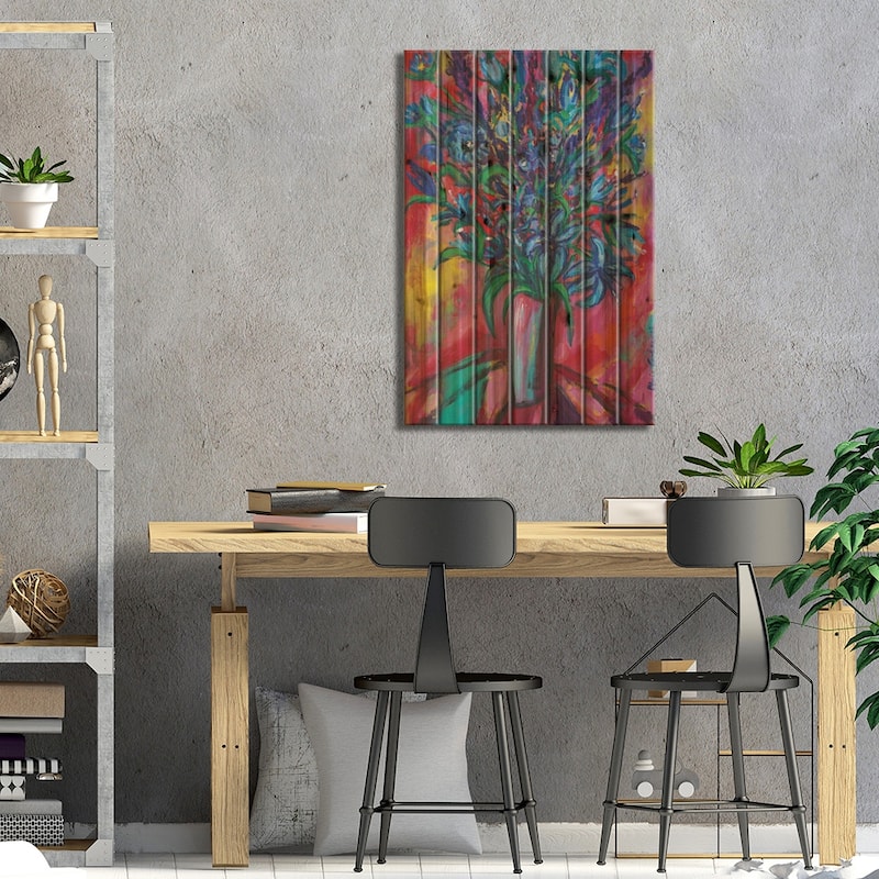 Blue Flowers Print On Wood by Peris Carbonell - Multi-Color