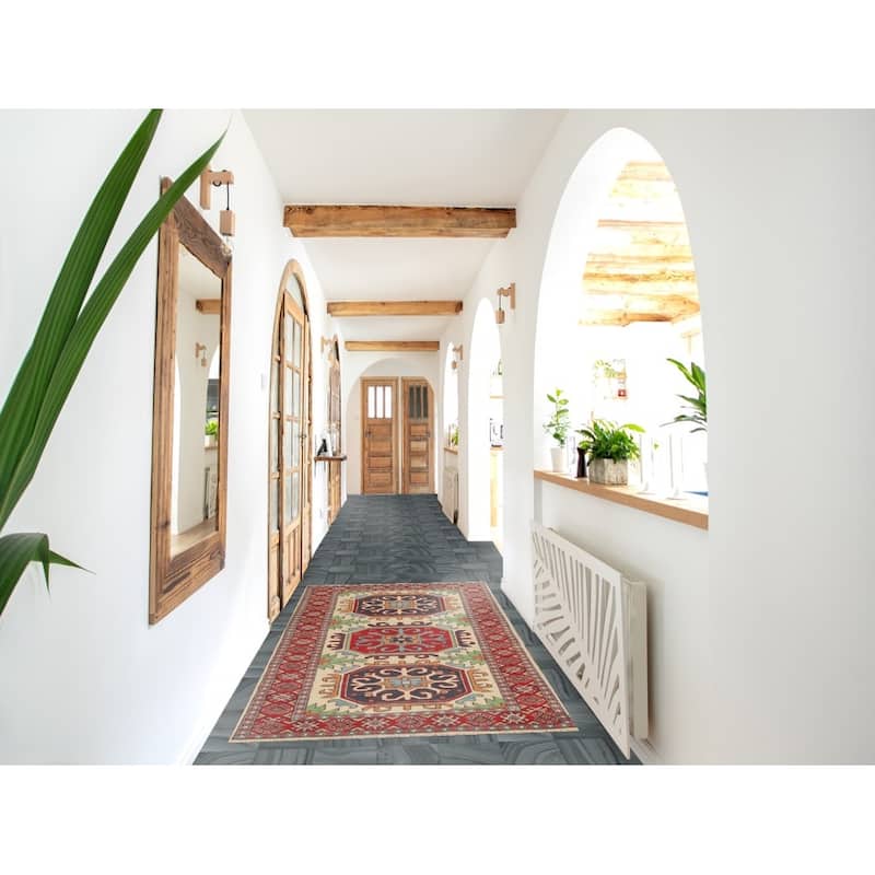 Geometric Kazak Runner Rug Hand-Knotted Wool Carpet - 3'3" x 7'2"