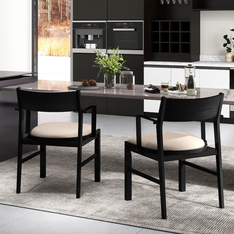 Set of 2 Dining Chairs with Rubber Wood Legs and Linen Upholstery Thick Cushion Metal Armrests - 23.5"L x 23"W x 33"H