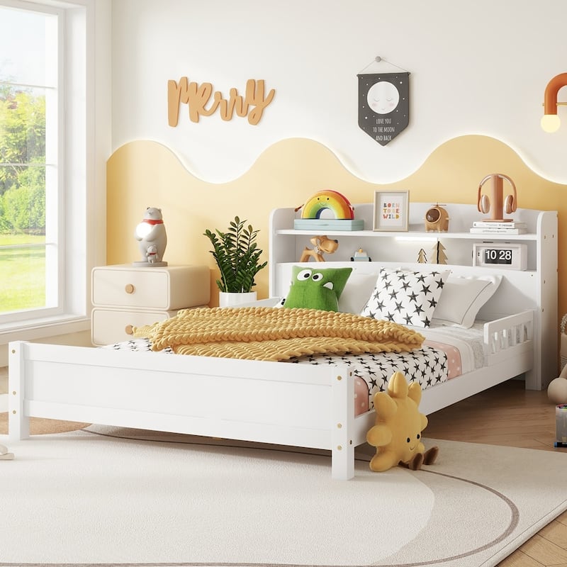 Full Pine Wood Bed with Bookcase Headboard - White