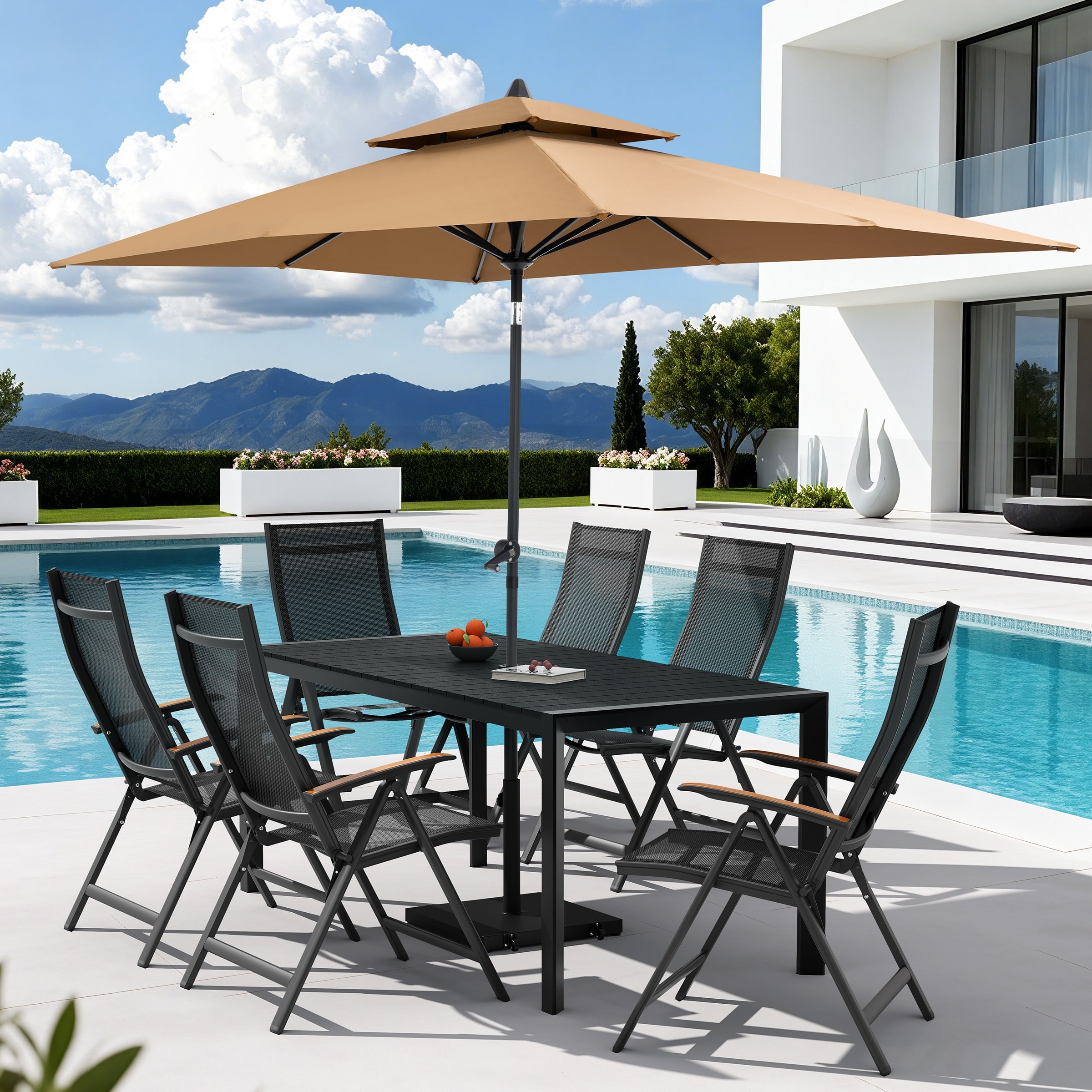 9-Piece Outdoor Patio Dining Set Wood Like Aluminum Umbrella Hole Table with Folding Chairs, Market Umbrella and Wheel Base