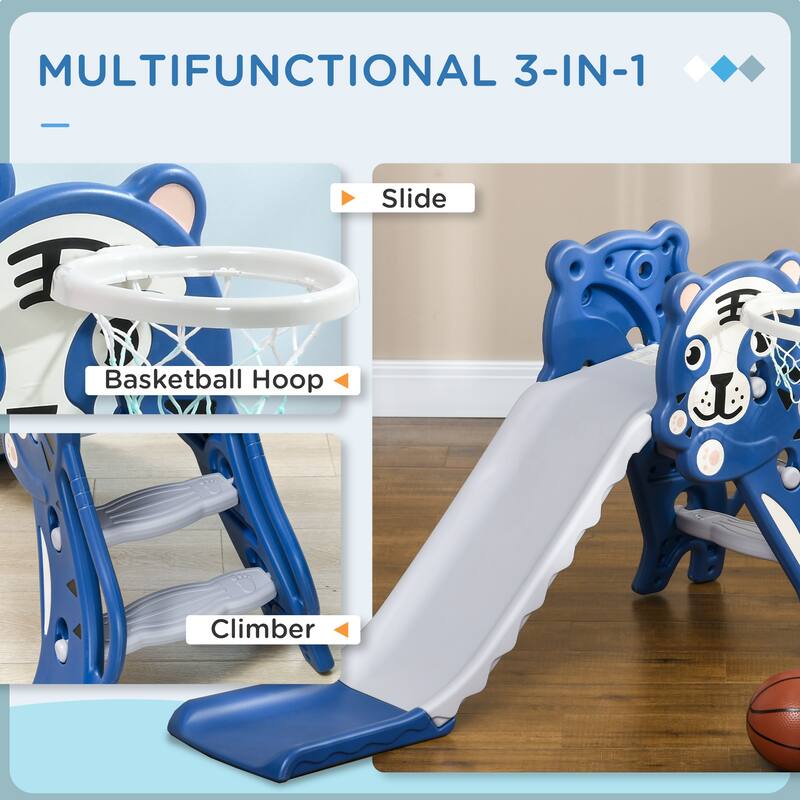Kids Cartoon Pattern PE Indoor Slide with Basketball Hoop and Climber for Ages 18-36 Months - 52.25" L x 23.5" W x 27.5" H