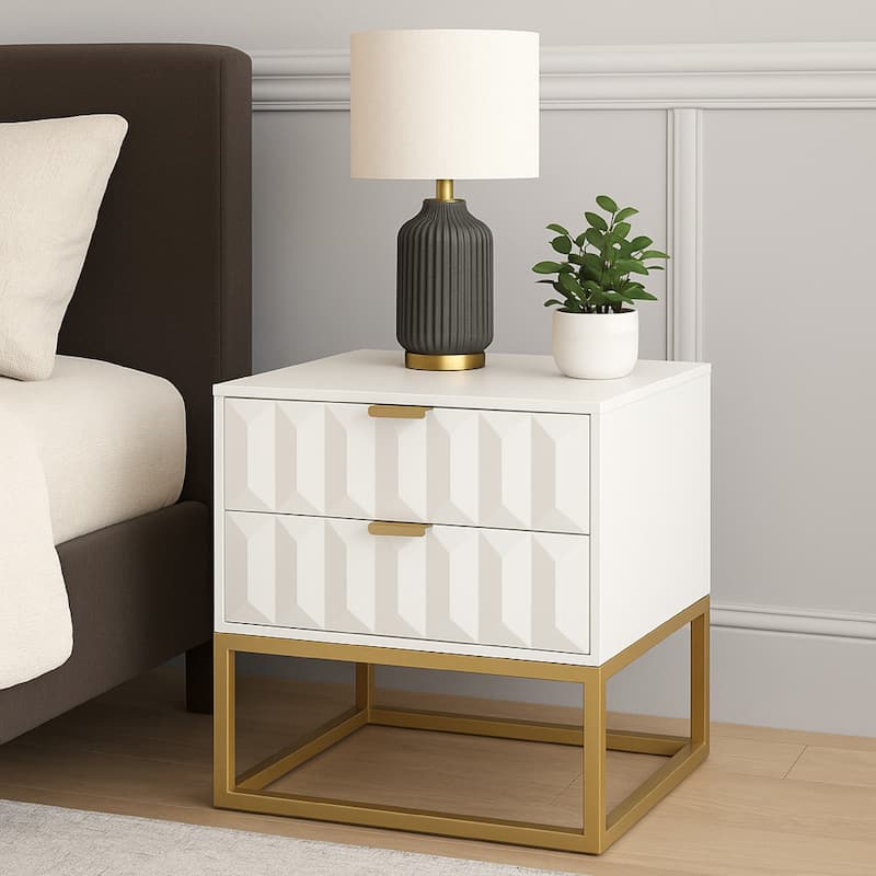 Fiva Nightstand, 2 Drawers, White Solid Mango Wood, Gold Iron Legs