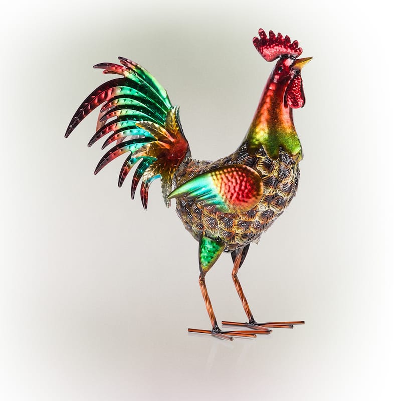 Alpine Corporation 16" Tall Outdoor Metallic Rooster Standing Yard Statue Decoration