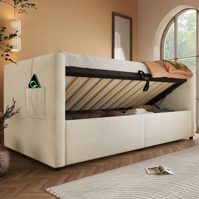 Hydraulic Storage Twin Bed Frame with Wooden Slats and Tufted Sofa Back