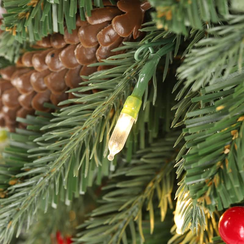 Glitzhome 4ft/6ft/7ft Pre-lit Green Artificial Christmas Porch Tree with Red Berries,Pinecones and 100 Warm White Lights