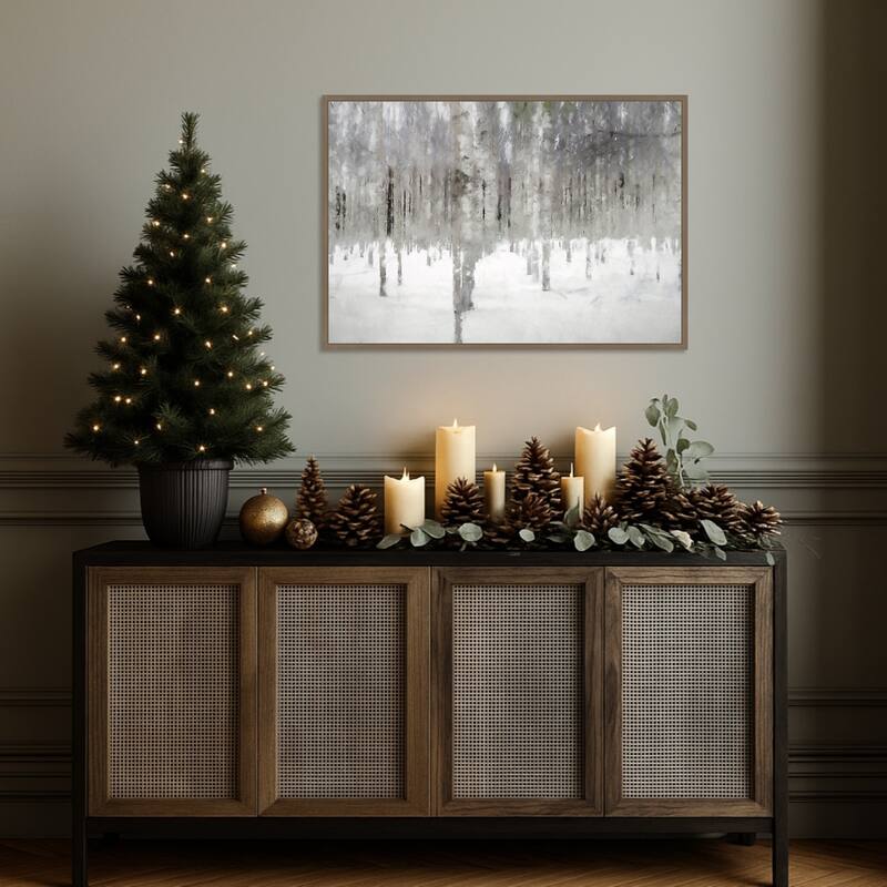 Birches In Fog by Kim Curinga Framed Canvas Wall Art Print - Sylvie Dark Gold