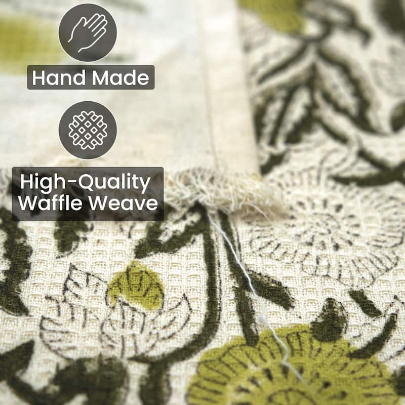 Fabdivine Honeycomb or Waffle Weave Hand Block Floral Print Hand Towel, Kitchen Gift Use